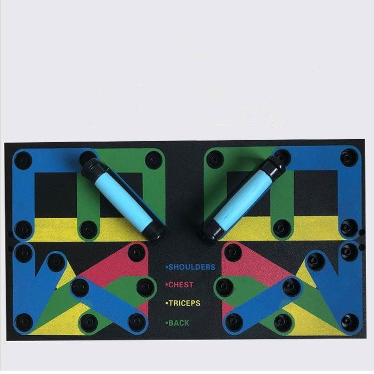 Multi-color push up board with blue handles for chest, shoulders, triceps, and back exercises