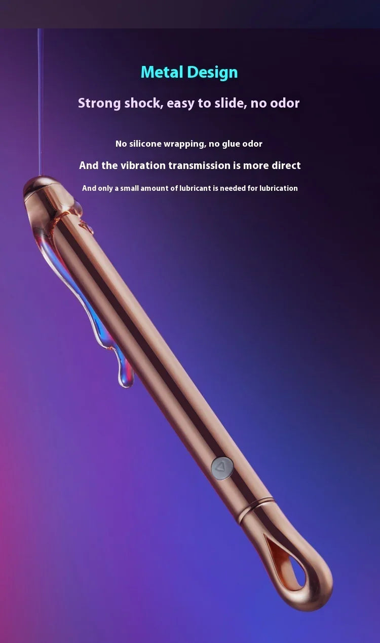 Sleek metallic rod with rose gold finish, smooth surface, ergonomic fit, and fluid-resistant design.