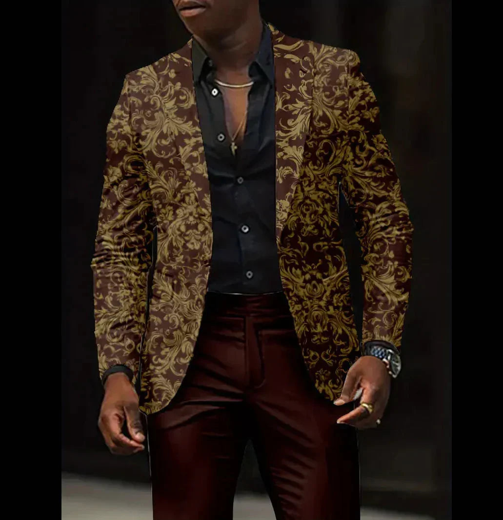 Man wearing slim fit maroon and gold floral blazer with matching pants and black shirt