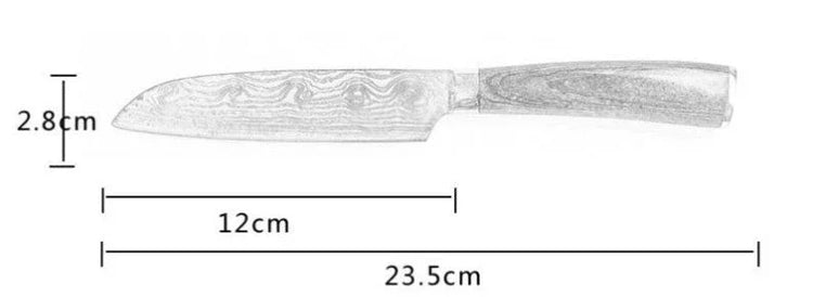 Stainless steel kitchen knife with wood handle, 12cm blade, 23.5cm total length.