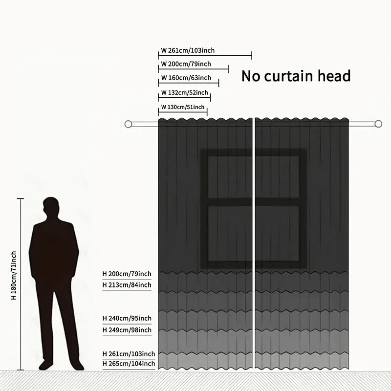 Black sheer curtain size chart with measurements, modern no-header design, window backdrop