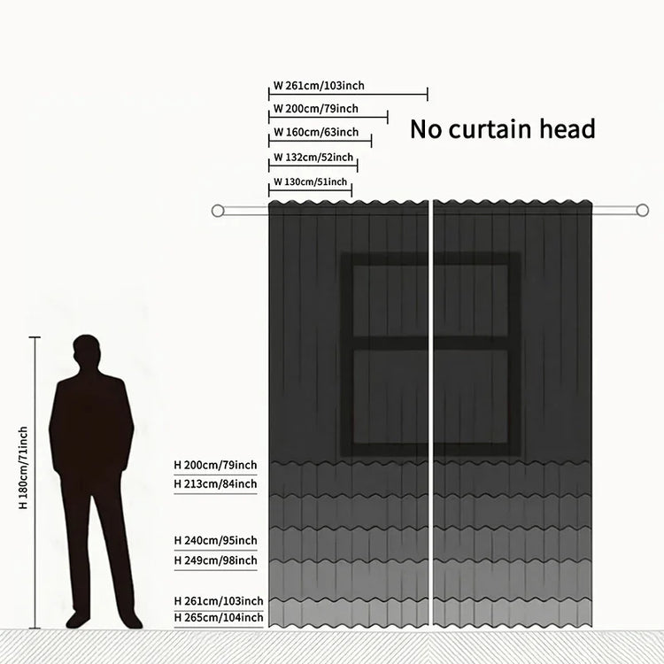 Black sheer curtain size chart with measurements, modern no-header design, window backdrop