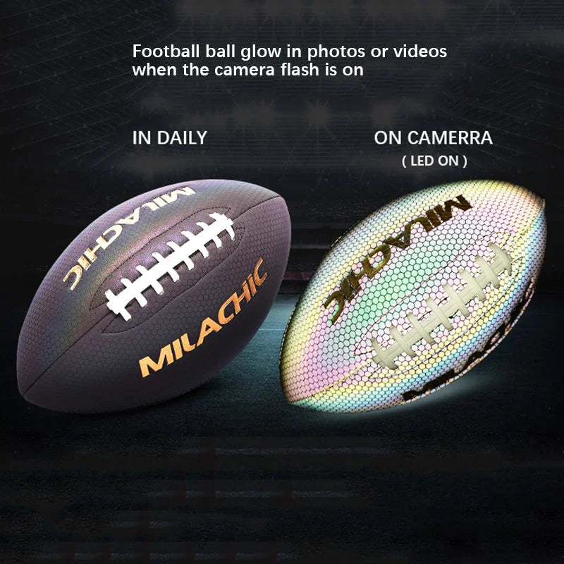 Reflective leather football with white laces and gold lettering, glowing under camera flash