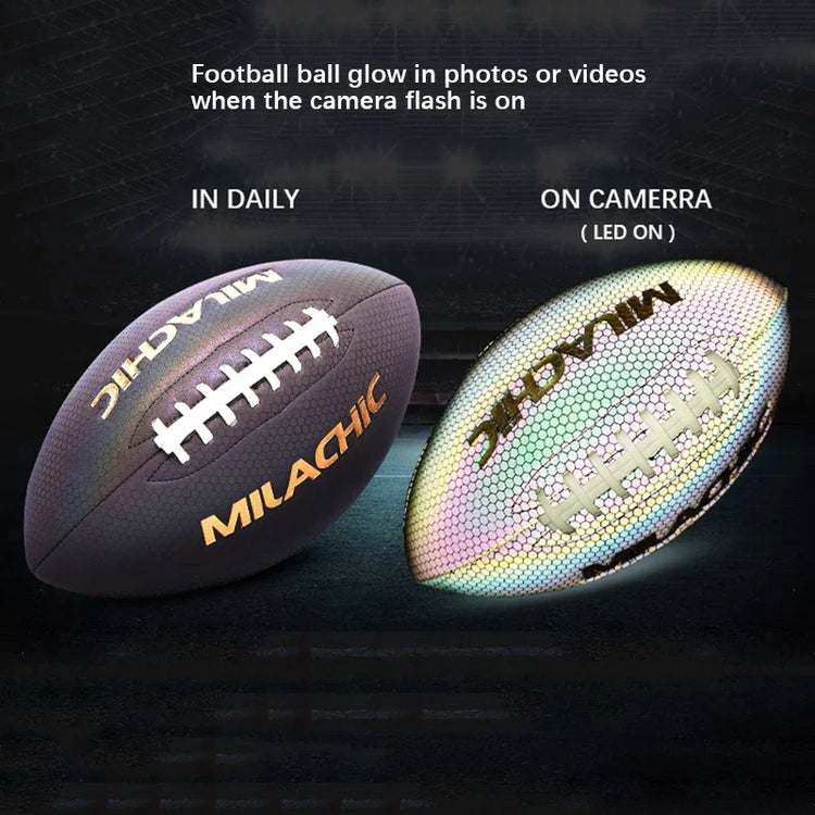 Reflective leather football with white laces and gold lettering, glowing under camera flash