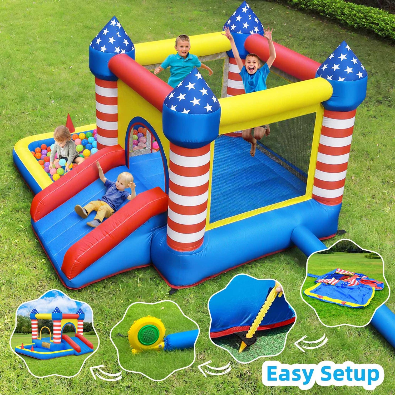 Kids playing on a colorful inflatable bounce house with star and stripe pattern, slide and ball pit, outdoor fun.