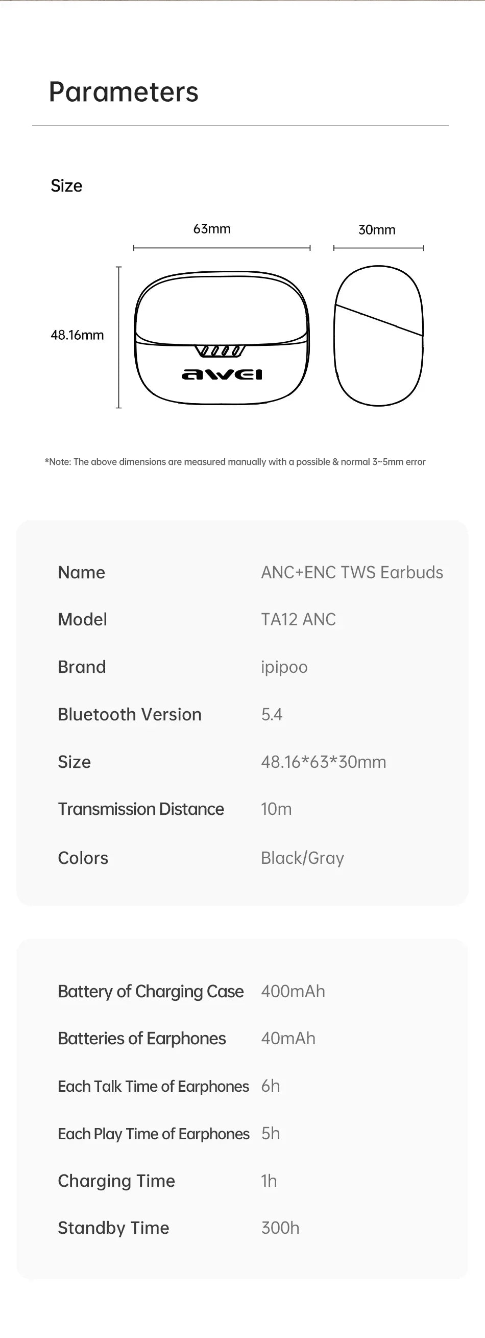 Wireless earbuds spec sheet showing size, color, Bluetooth version, and battery life details.
