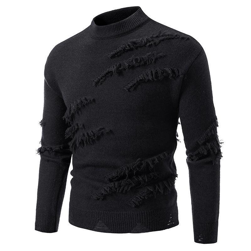 Black distressed knit sweater with frayed detailing, slim fit streetwear style