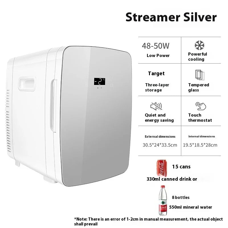 Compact silver mini fridge with digital display, tempered glass door, and touch thermostat.