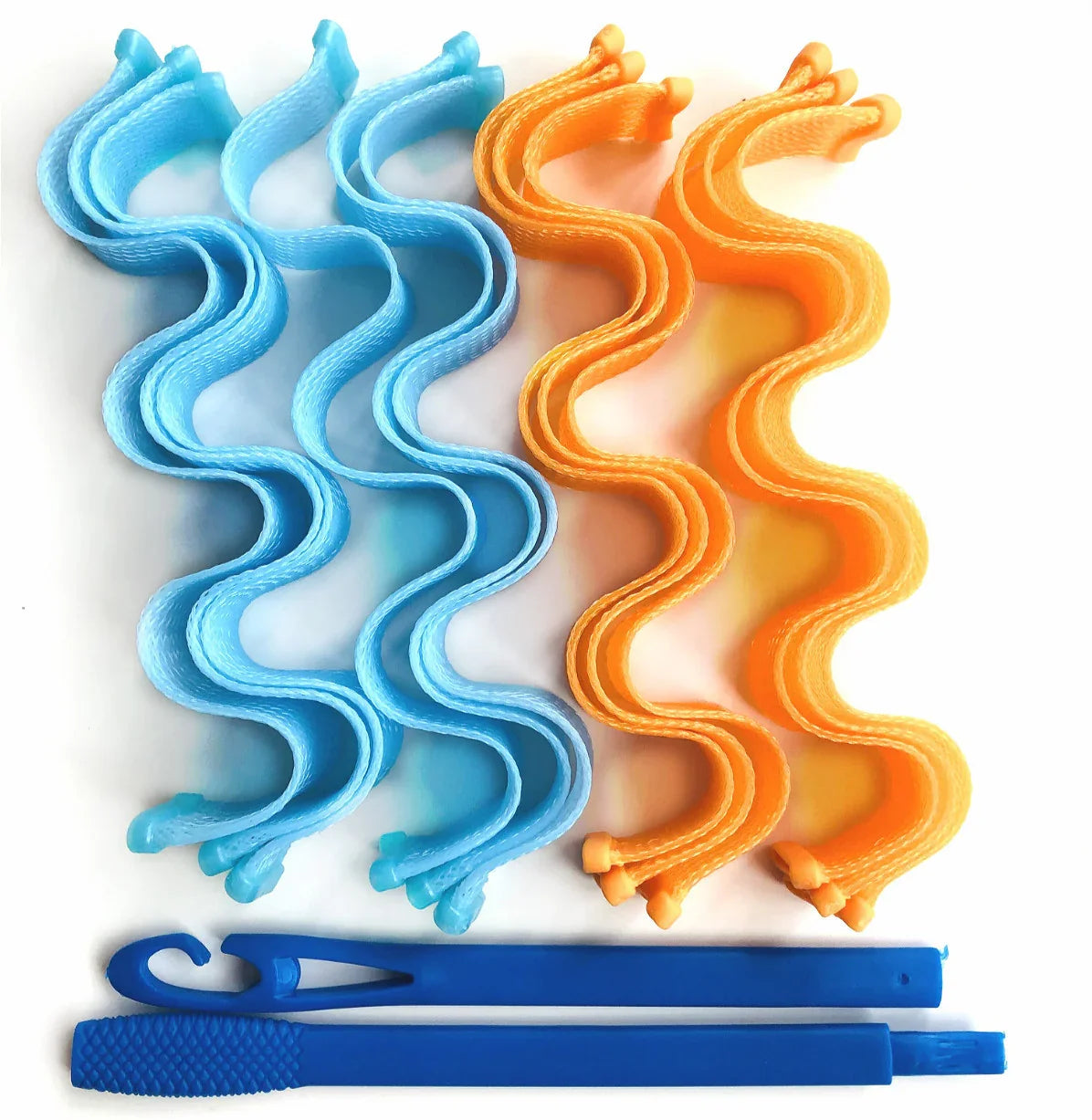 Blue and orange wavy plastic hair curlers with two blue styling hooks, top view.