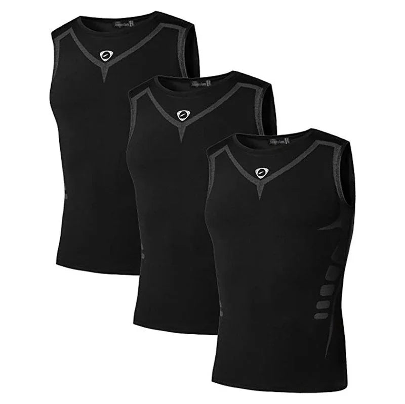 Set of three black sleeveless compression shirts with gray accents, slim fit design