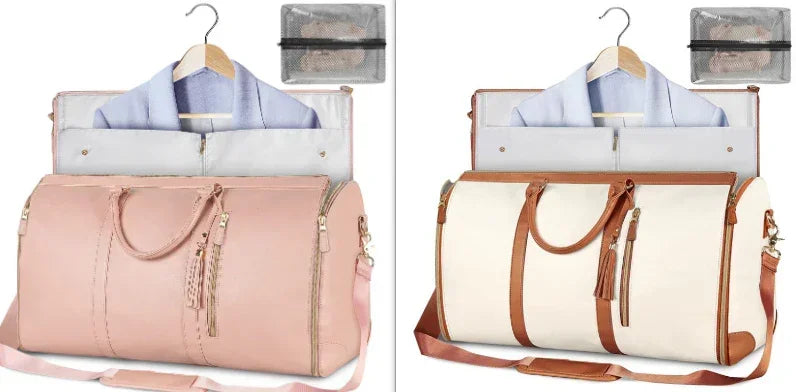 Two stylish duffle bags in pink and beige with clothes inside, leather details, and mesh pouches