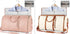 Two stylish duffle bags in pink and beige with clothes inside, leather details, and mesh pouches