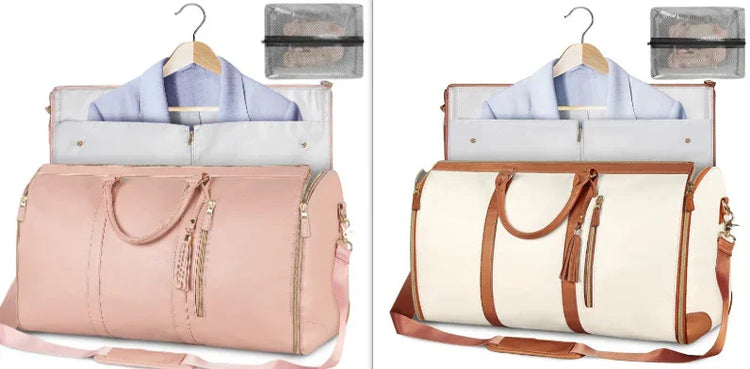 Two stylish duffle bags in pink and beige with clothes inside, leather details, and mesh pouches