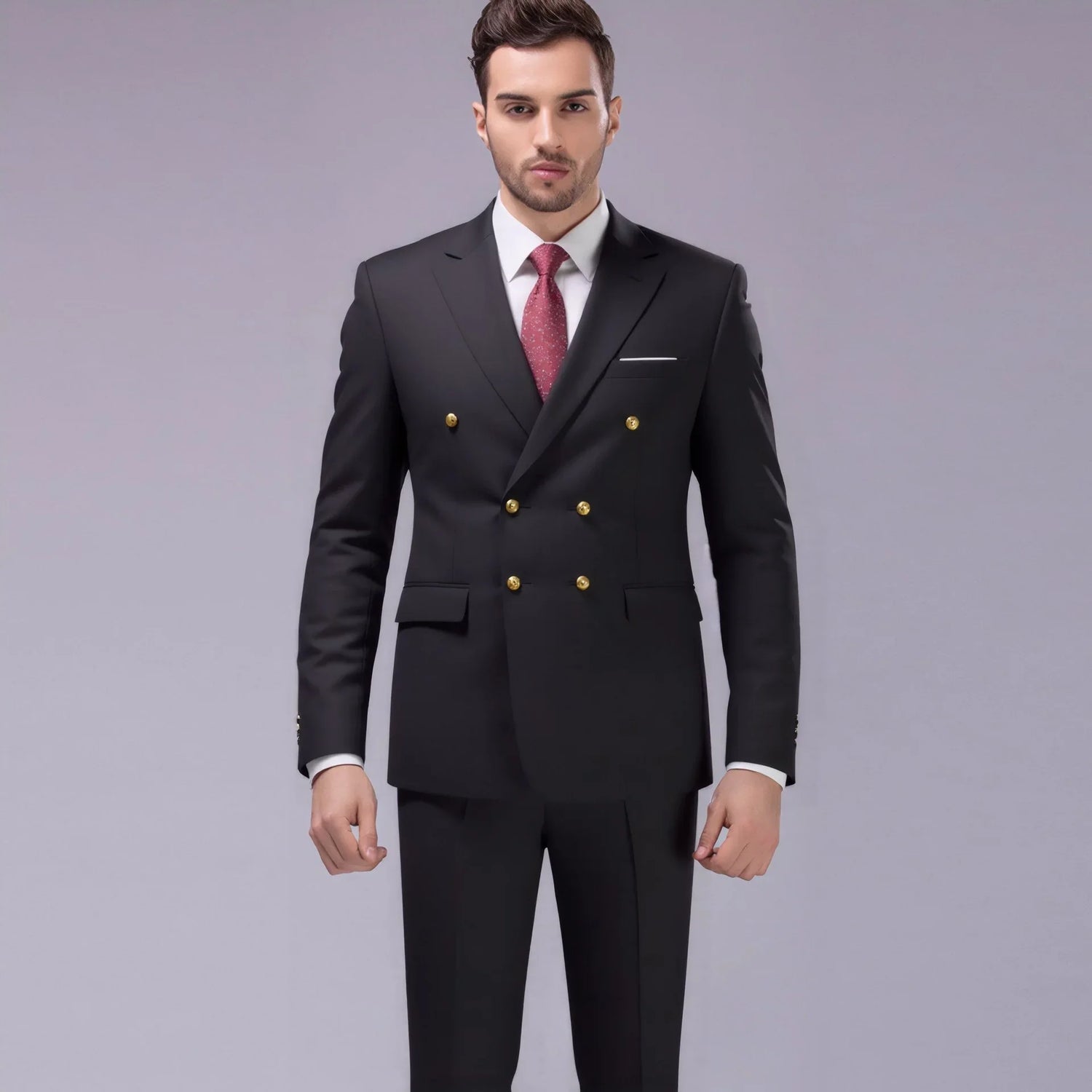 Man wearing slim-fit black double-breasted suit with gold buttons and red tie