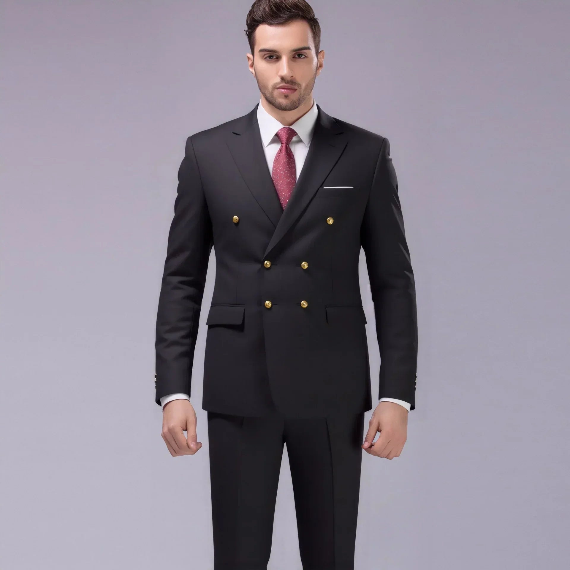 Man wearing slim-fit black double-breasted suit with gold buttons and red tie
