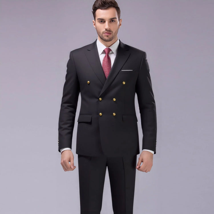 Man wearing slim-fit black double-breasted suit with gold buttons and red tie