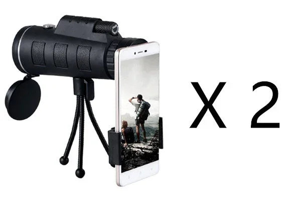 Black smartphone telescope lens with tripod mount, attached to a white phone, quantity two