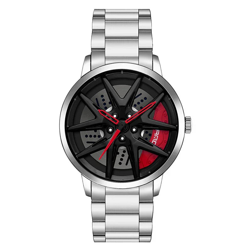Silver metal wristwatch with black and red dial, sporty car wheel design, modern style