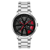 Silver metal wristwatch with black and red dial, sporty car wheel design, modern style