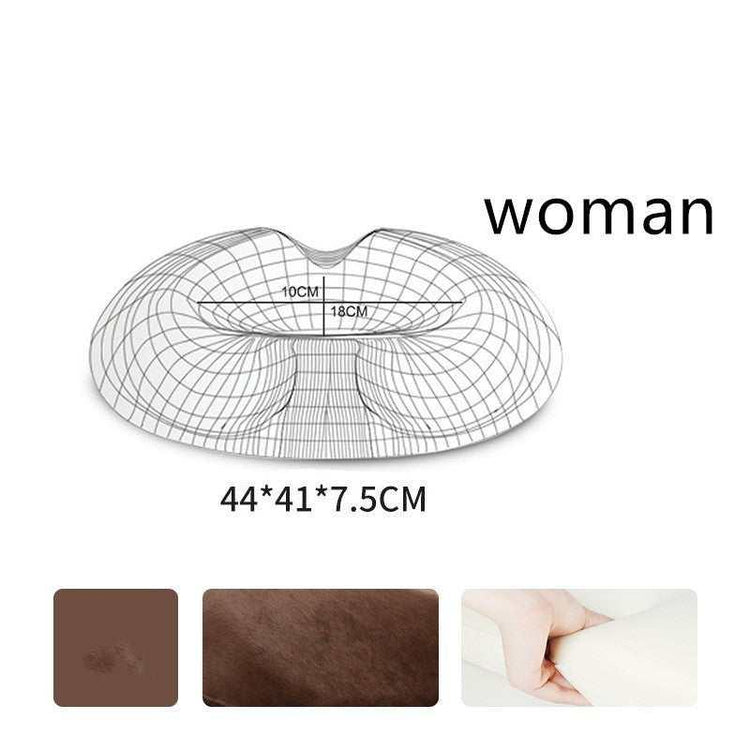 Ergonomic brown cushion for women with contour design, soft material, and dimensions 44x41x7.5cm.