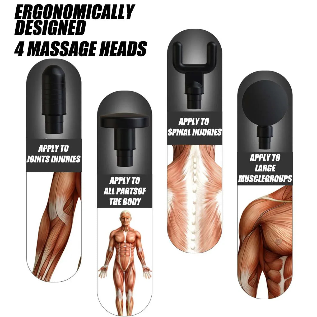 Ergonomic massage gun heads for joints, body, spine, and large muscle groups, black material.