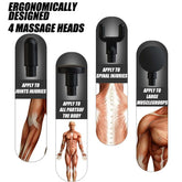 Ergonomic massage gun heads for joints, body, spine, and large muscle groups, black material.