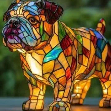 Stained glass bulldog lamp with vibrant multicolor geometric pattern, decorative home lighting.