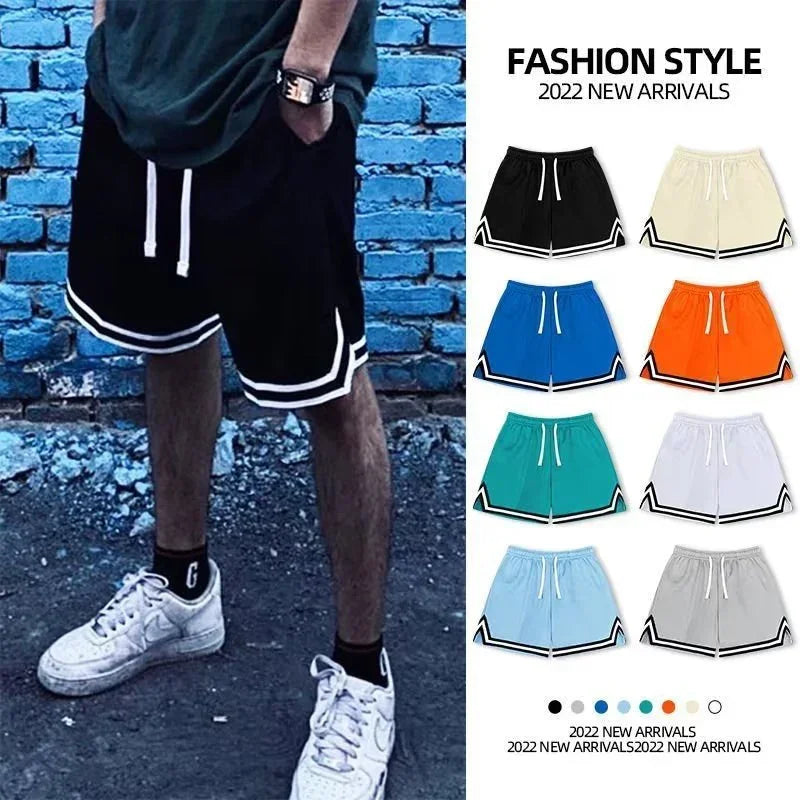 Men’s loose fit athletic shorts in multiple colors with striped trim, drawstring waist, streetwear style.