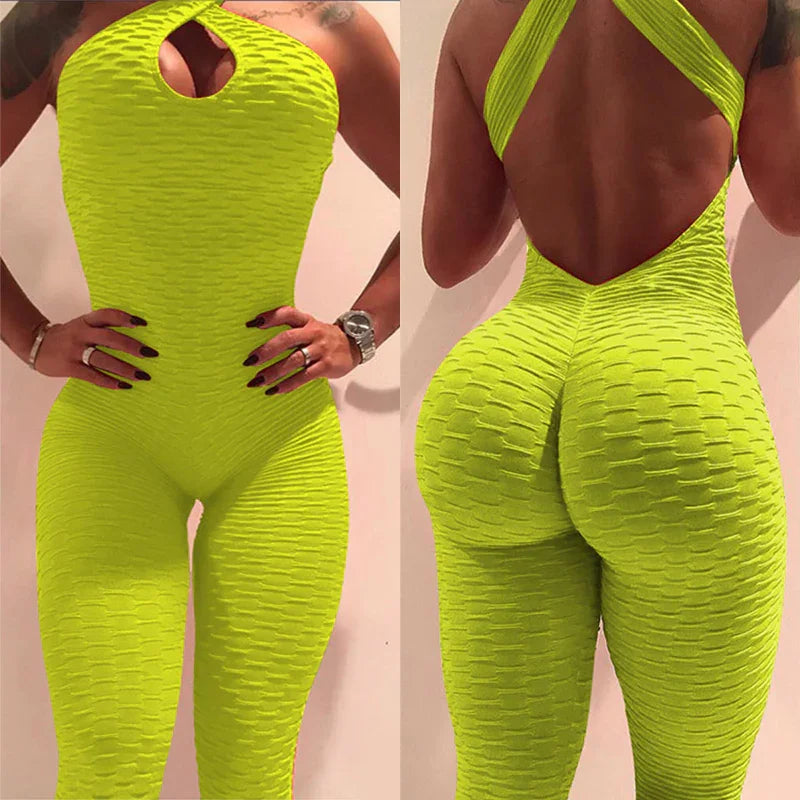 Neon yellow textured jumpsuit, body-hugging fit, sleeveless with crisscross back detail
