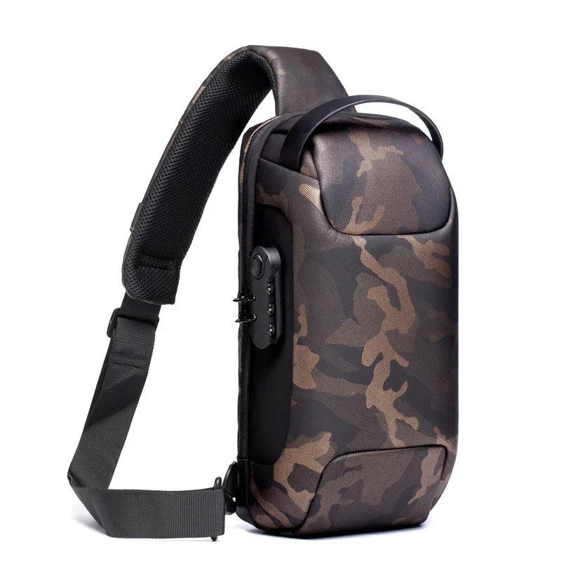 Brown camo crossbody sling bag with adjustable strap, hard shell, and security lock
