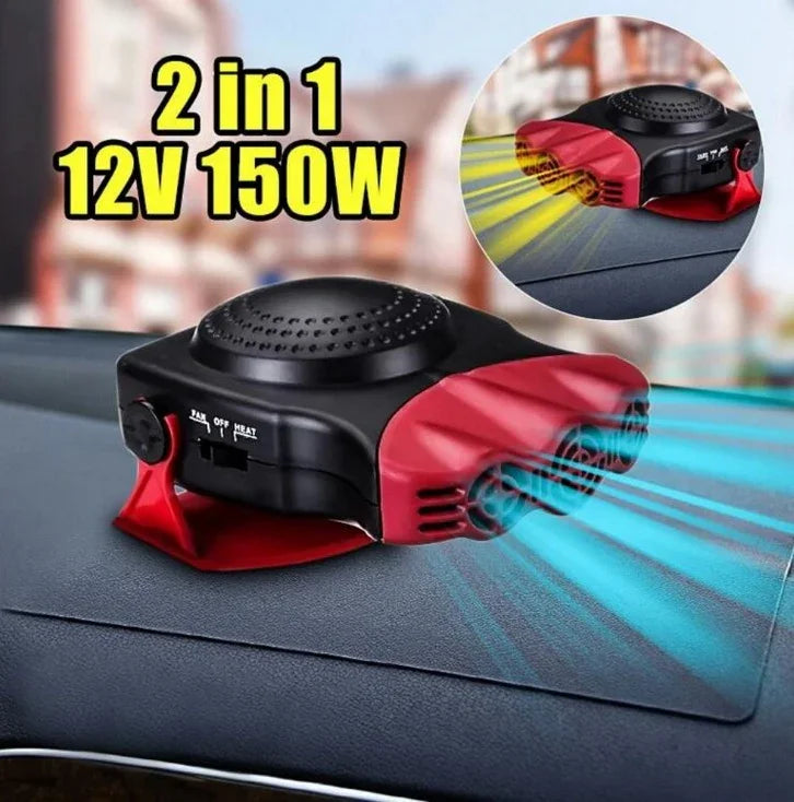 Compact black and red 2-in-1 car heater and fan, 12V 150W, on car dashboard.