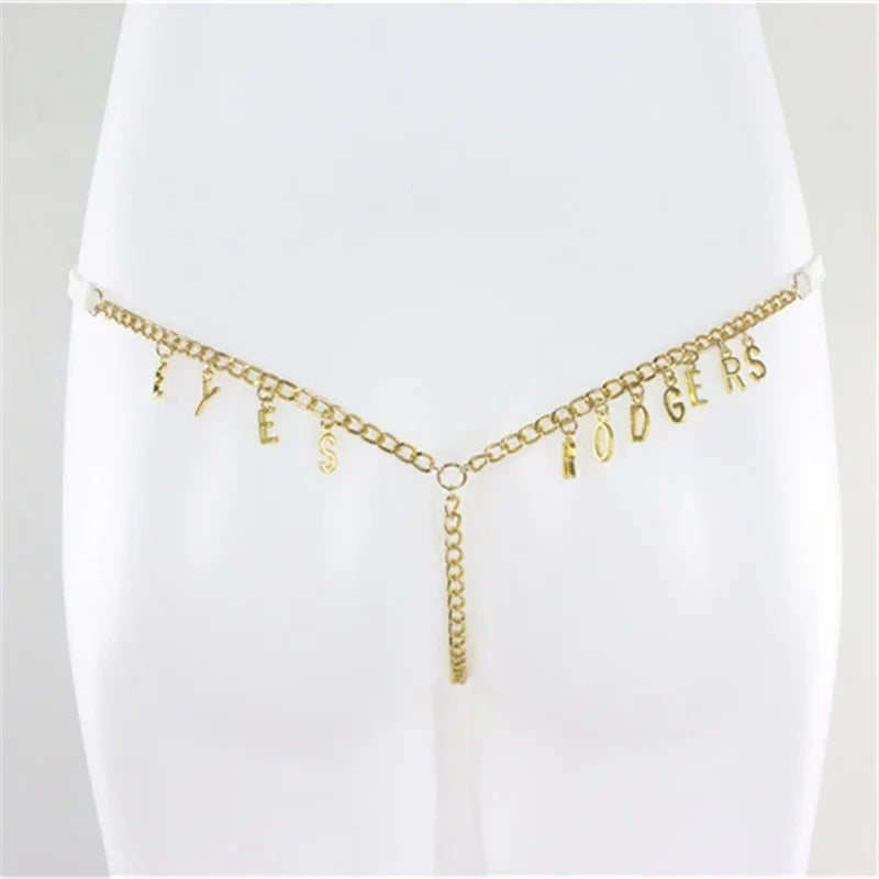 Gold chain waist body jewelry with letter charms, minimalist and adjustable fit