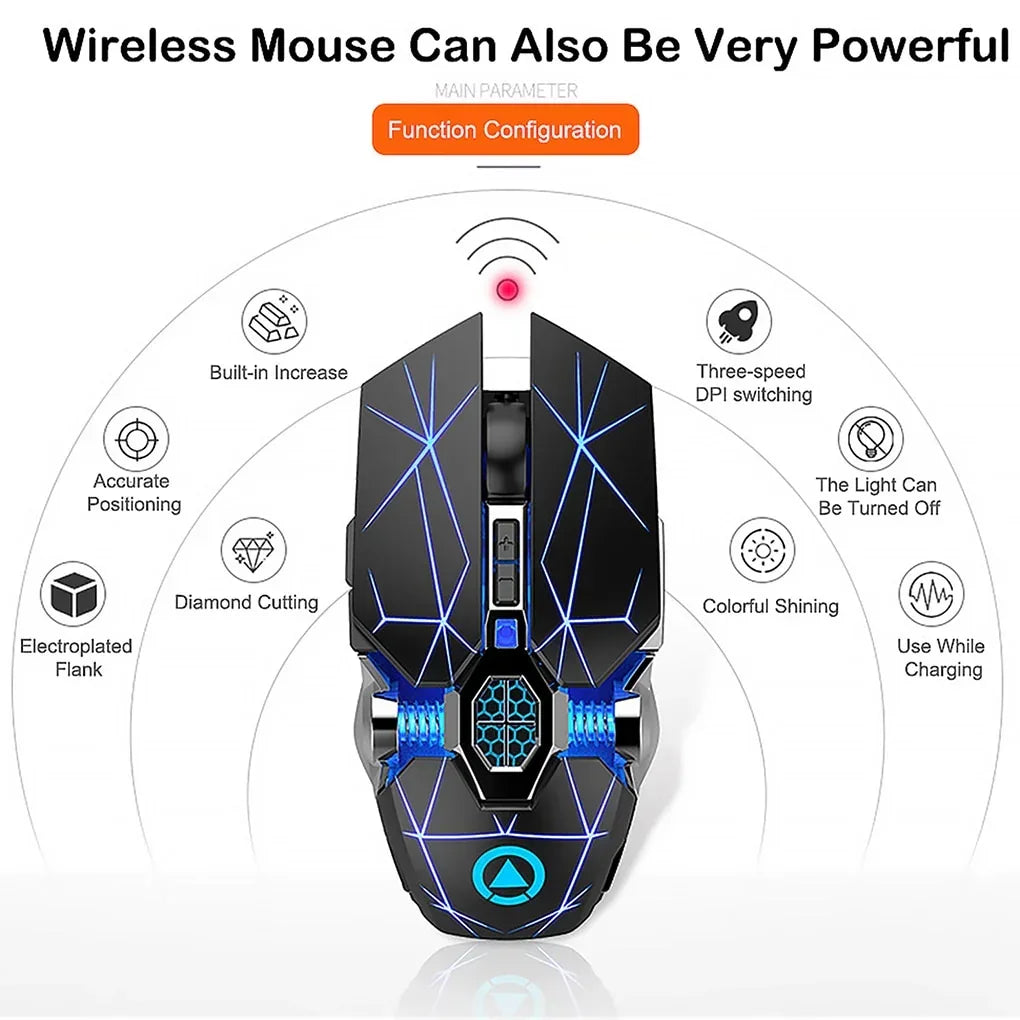 Futuristic black wireless gaming mouse with blue LED lights, geometric design, ergonomic fit
