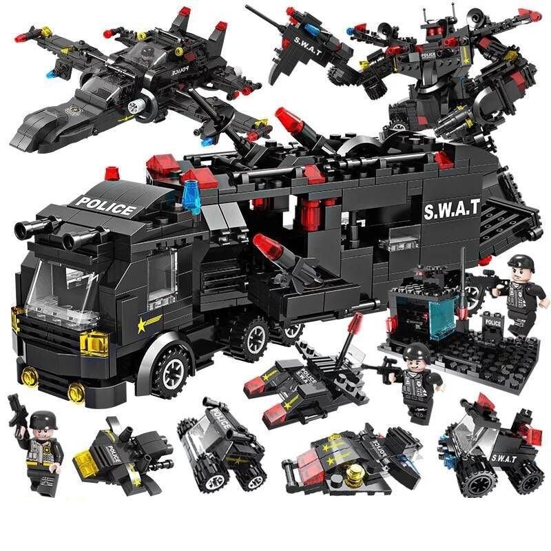 Black SWAT police toy building set with figures, armored truck, jet, and tactical gear.