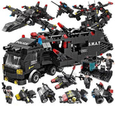 Black SWAT police toy building set with figures, armored truck, jet, and tactical gear.