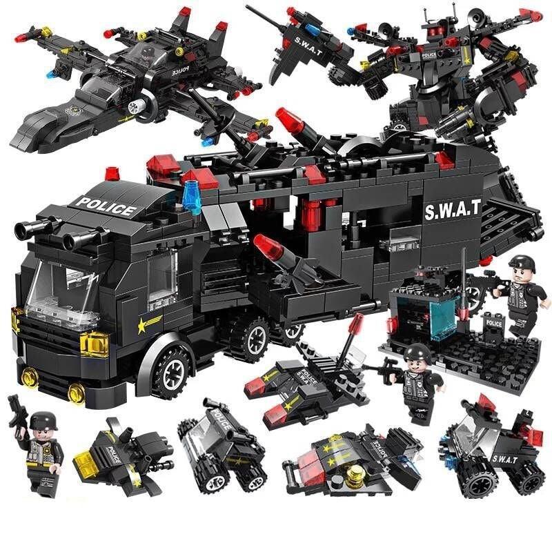 Black SWAT police toy building set with figures, armored truck, jet, and tactical gear.