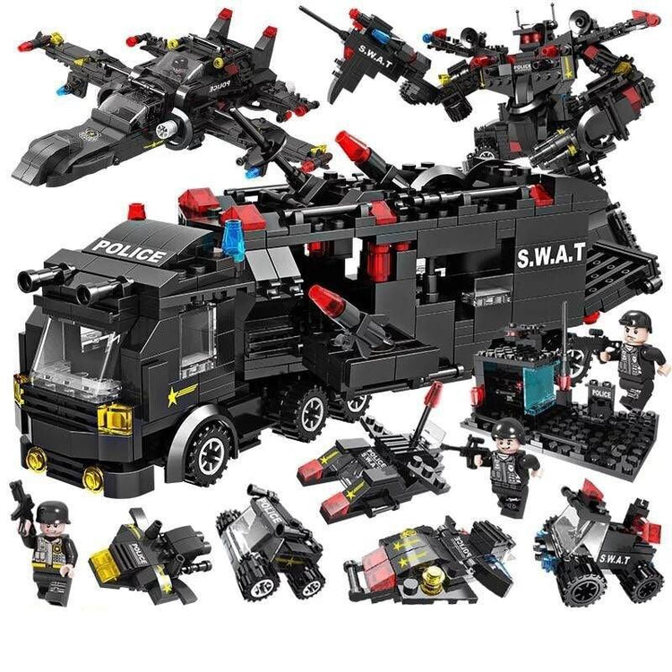 Black SWAT police toy building set with figures, armored truck, jet, and tactical gear.