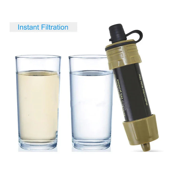 Portable water filter showing instant filtration with before and after glasses of water