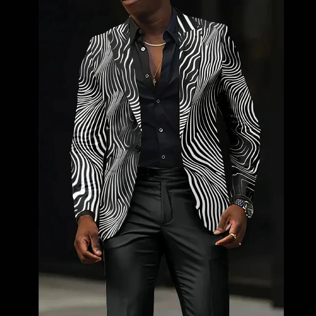 Man wearing black and white abstract striped blazer, black dress shirt, and black trousers