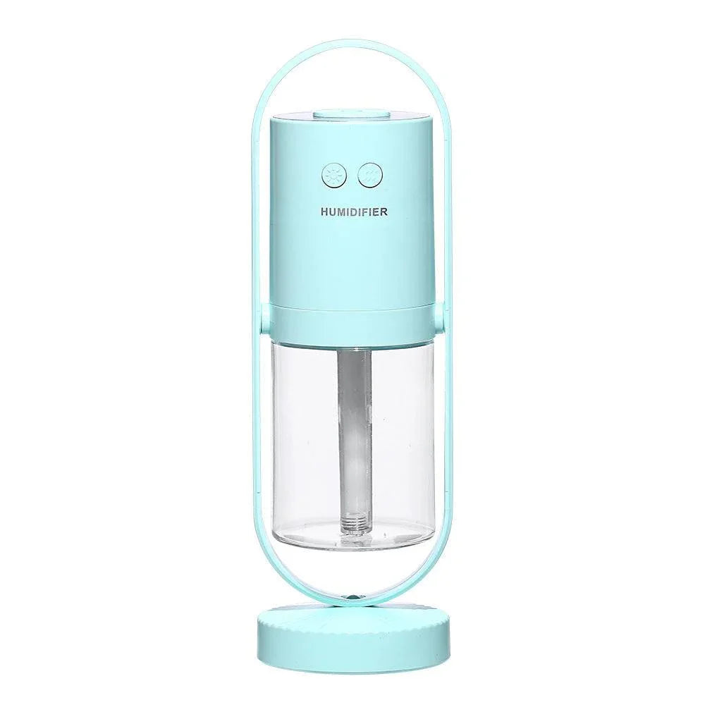 Modern light blue portable humidifier with clear water tank and minimalist design
