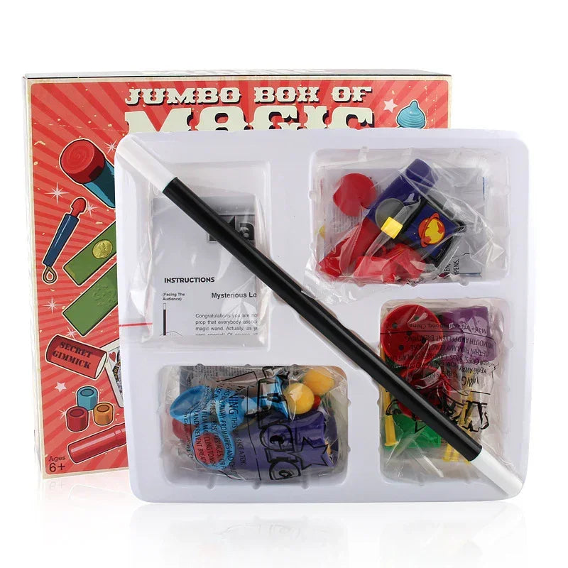 Magic trick kit with black wand, colorful plastic props, and instruction sheet in box.