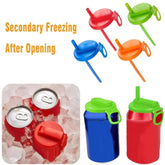 Colorful plastic can covers with built-in straw, shown on beverage cans and ice, for drink freshness.