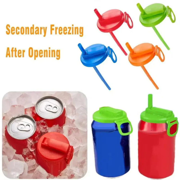 Colorful plastic can covers with built-in straw, shown on beverage cans and ice, for drink freshness.