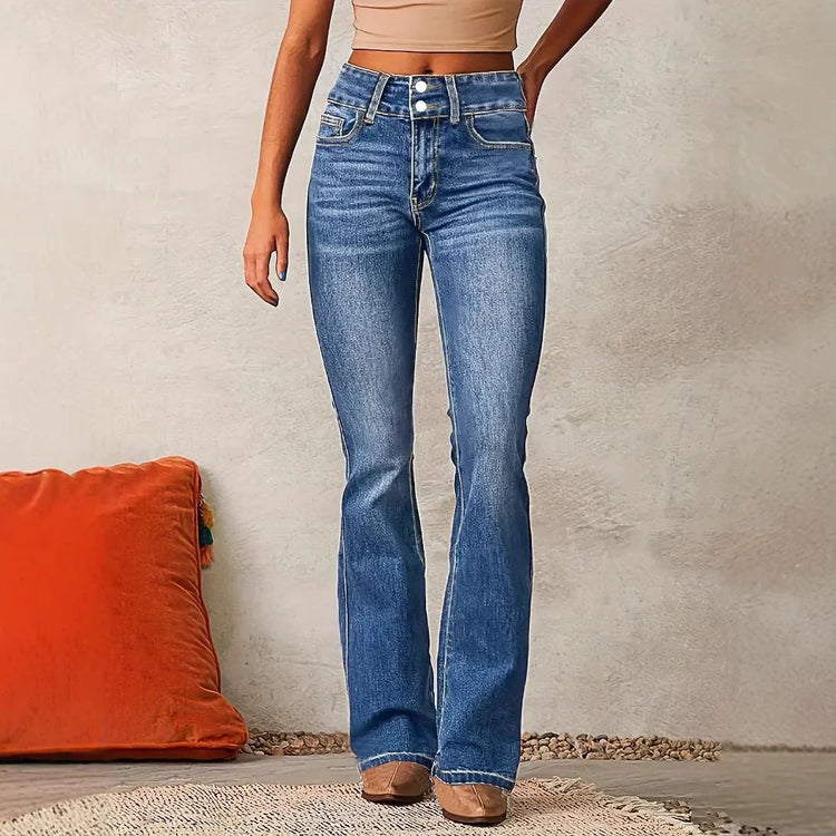 High-waisted blue denim flare jeans with double button closure, slim fit through thighs
