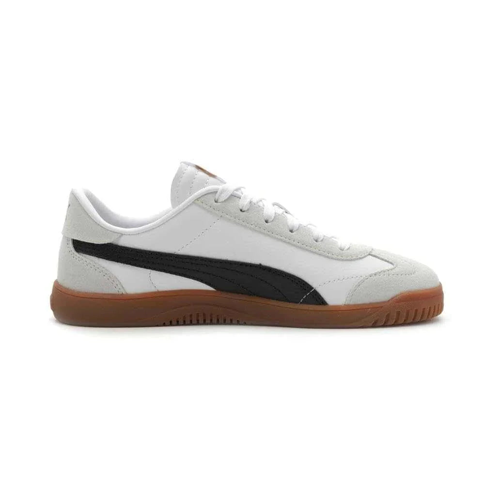 White and grey low-top sneaker with black side detail and gum sole, casual streetwear style