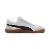 White and grey low-top sneaker with black side detail and gum sole, casual streetwear style