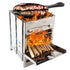 Portable stainless steel wood-burning stove with open fire, skillet cooking meat