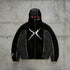 Black and grey fleece hoodie with bold lightning graphic and relaxed streetwear fit