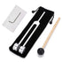 Silver metal tuning fork with weighted ends, mallet, hex key, and cleaning cloth on black pouch