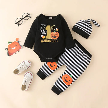 Baby Halloween outfit with black long sleeve bodysuit, striped pants, striped hat, pumpkin print